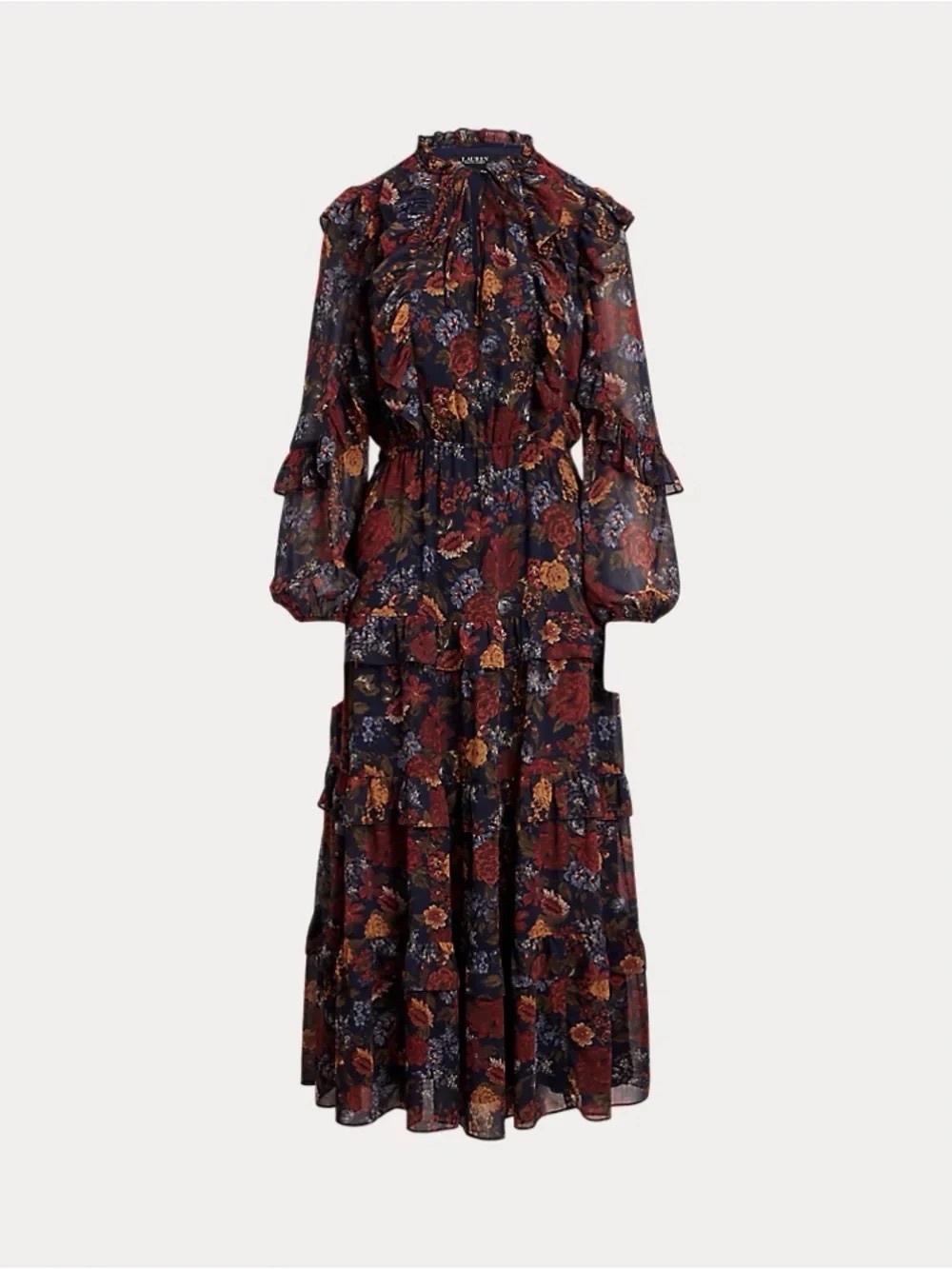 Polo by Ralph Lauren Navy Floral Ruffle Maxi Dress size 10 - Picture 2 of 4